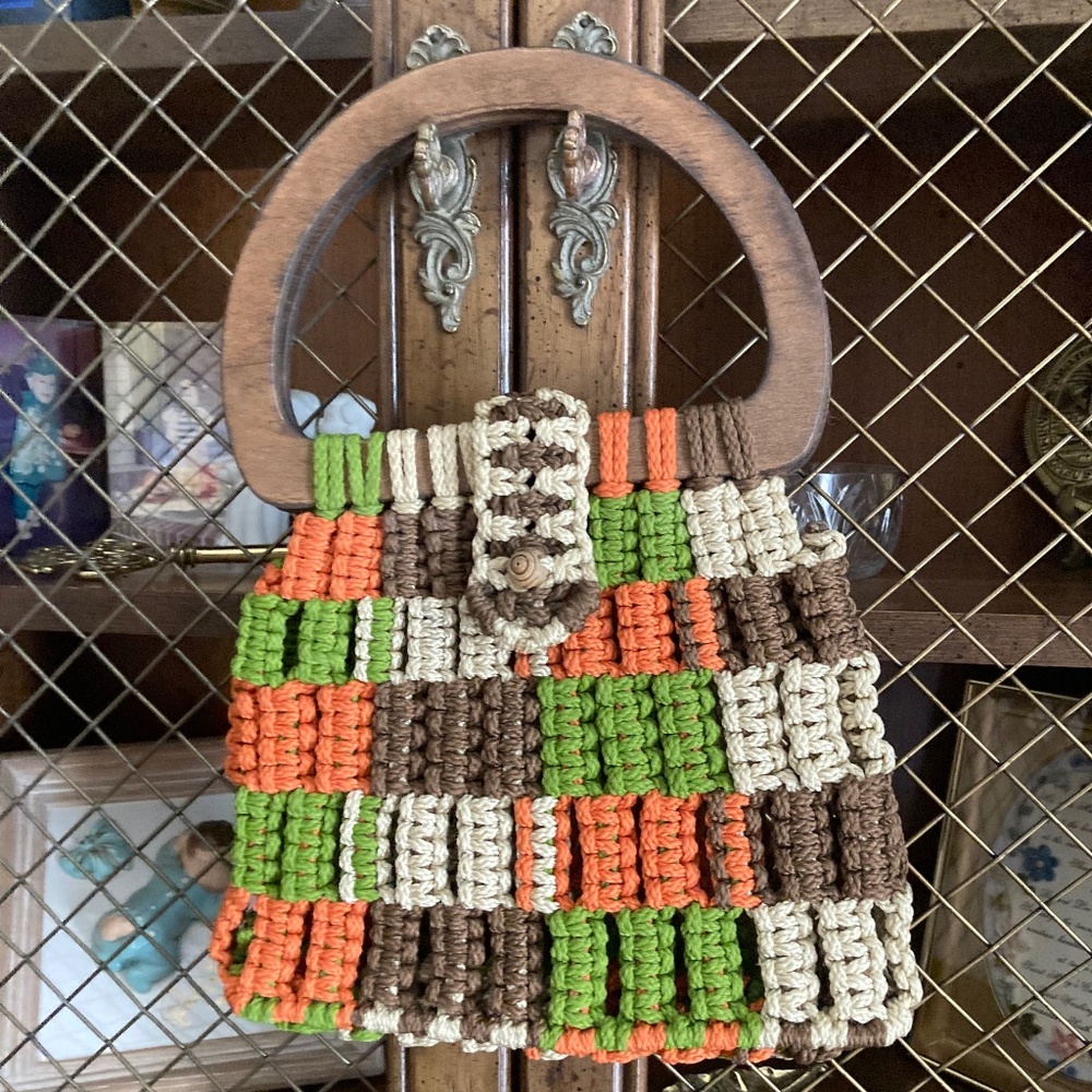 1970 Handmade Macrame Purse Wood Handles Orange, Green, Tan block design 10 inch